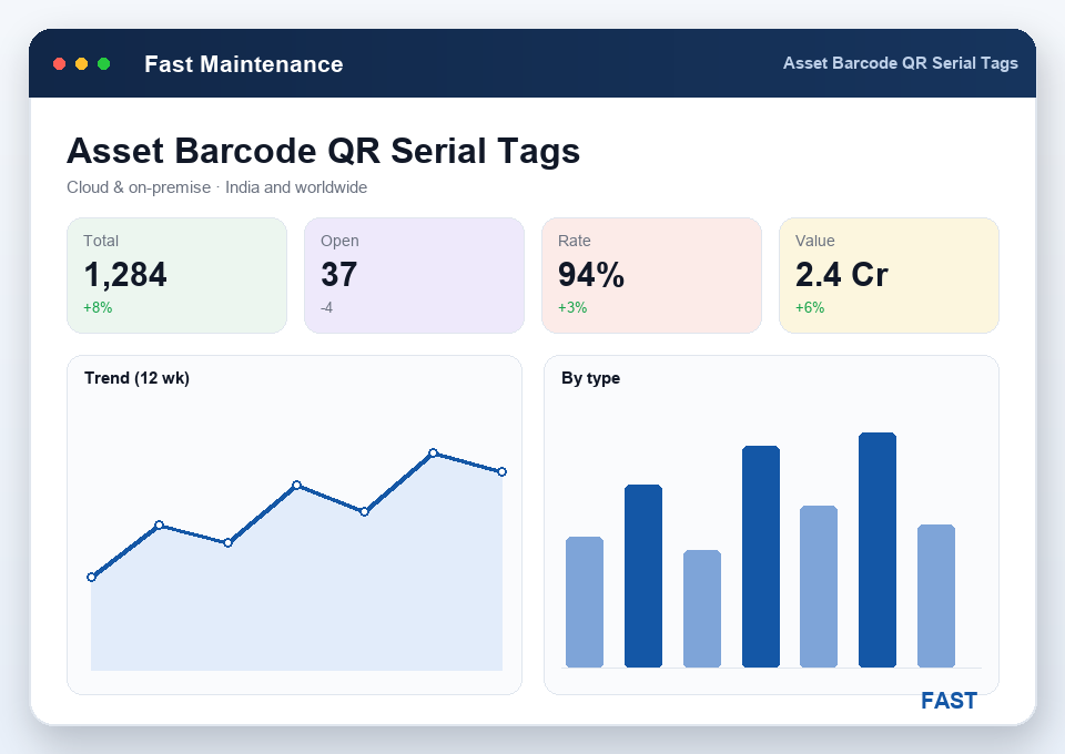 Asset-tag print screen generating serial-numbered barcode and QR labels for machines in a batch