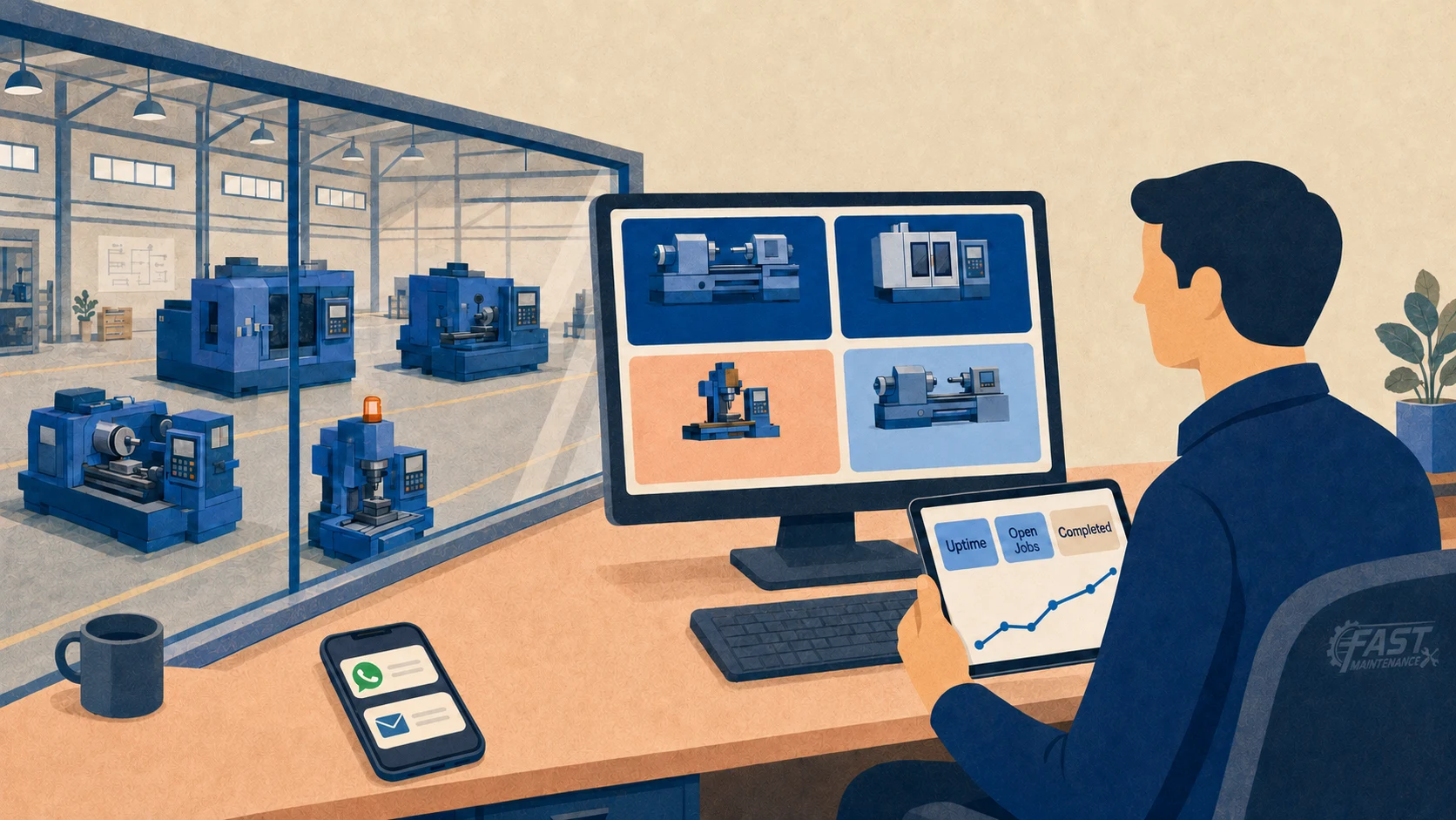 Live maintenance dashboard showing real-time asset health, open work orders and spare part stock