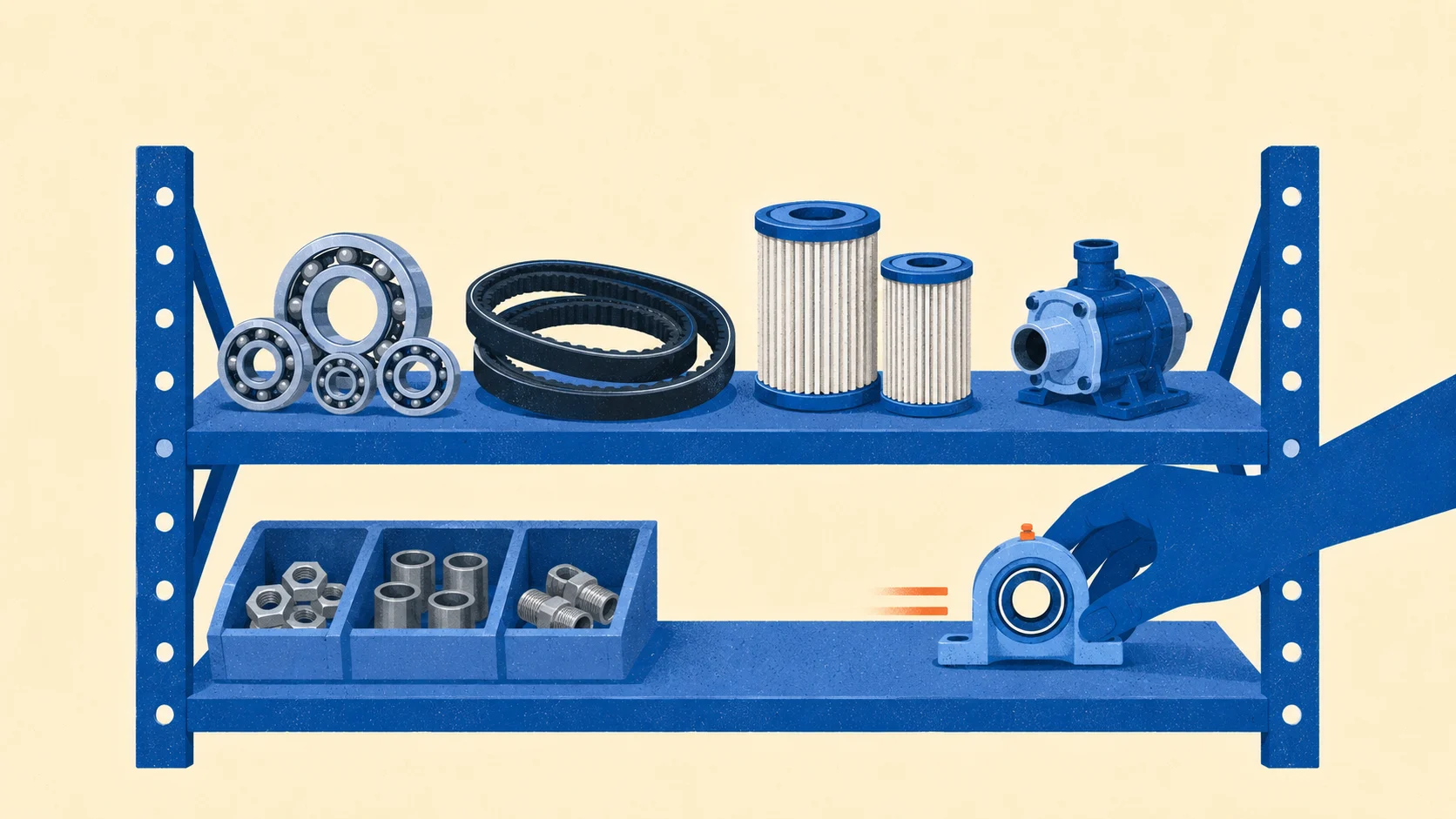 An organised spare parts store with labelled bins and tracked stock levels so critical parts are always available