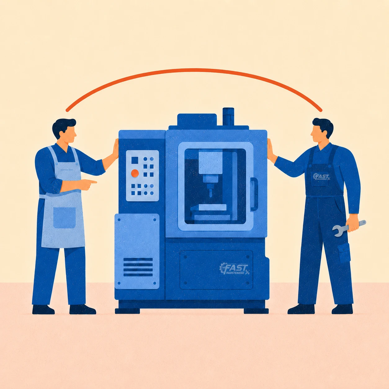 Operators and maintenance technicians together carrying out a standardised total productive maintenance routine on a machine