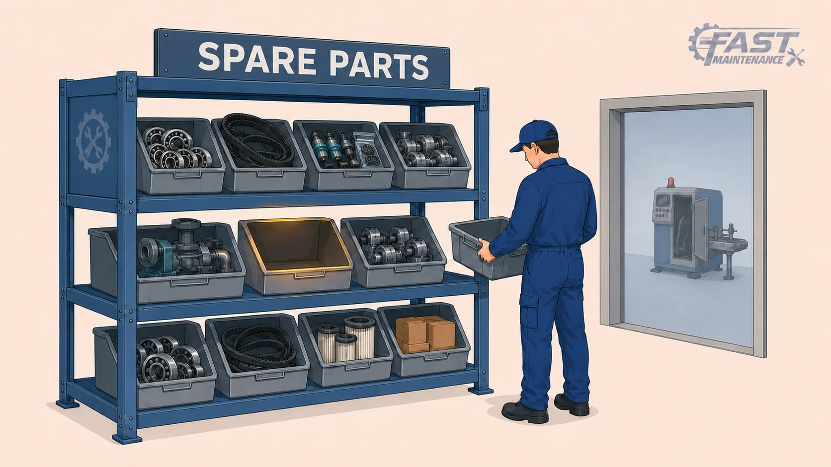 Empty spare part bin in a maintenance store while a machine waits idle for the replacement part