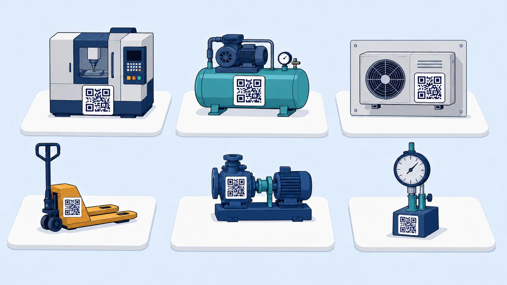 Machines, compressors and gauges each tagged with a QR code and scanned into a single asset register