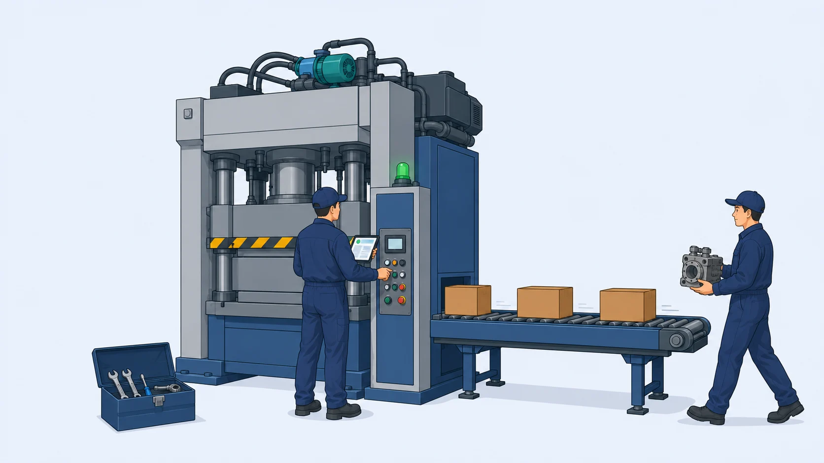 Technician repairing a machine on a breakdown work order while a colleague delivers the replacement spare part
