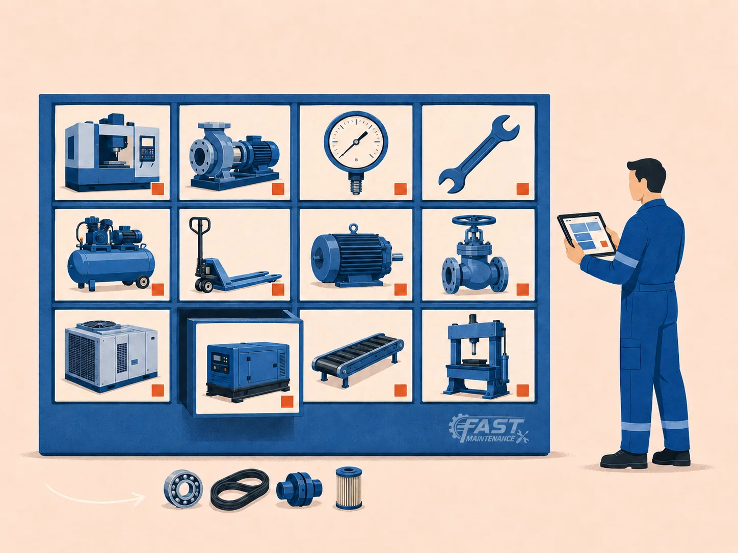 Asset register cabinet holding machines, tools and gauges, each with a QR tag and a linked spare parts BoM