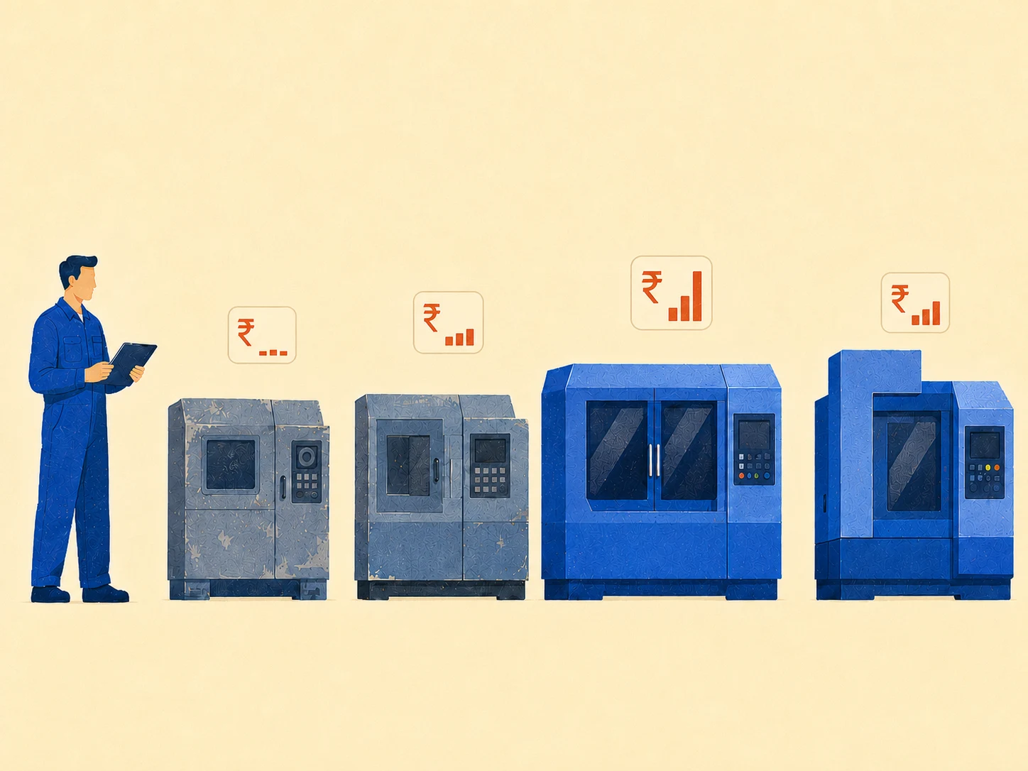 Machine-wise maintenance cost compared across four machines, showing a newer machine costing more to maintain than the older ones