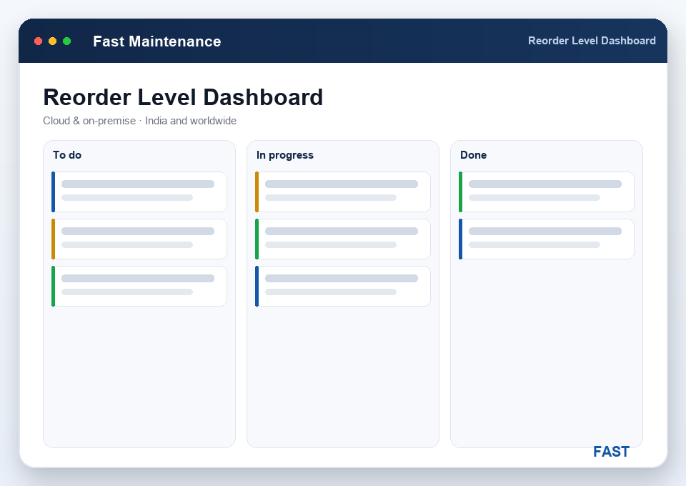 Reorder-level dashboard listing spare parts that have dropped to or below their reorder point